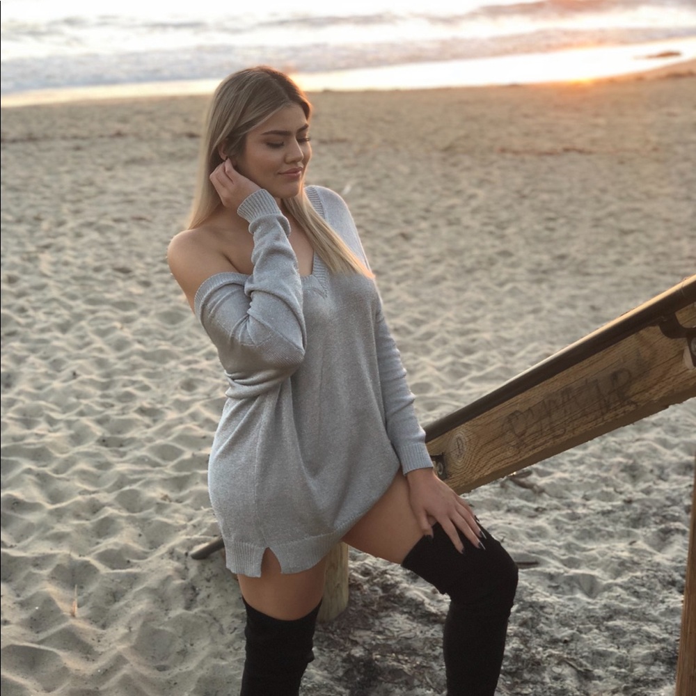 Metallic Mesh oversized V - neck sweater dress